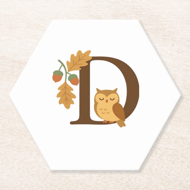 Autumn Alphabet Monogram Letter D – Owl with Oak L Paper Coaster (Front)
