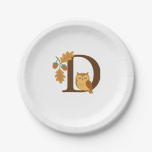 Autumn Alphabet Monogram Letter D – Owl with Oak L Paper Plate
