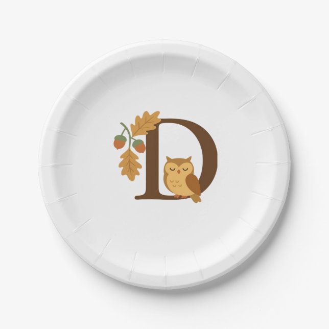 Autumn Alphabet Monogram Letter D – Owl with Oak L Paper Plate (Front)