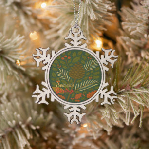 Autumn and Winter Holidays Season's Greetings Snowflake Pewter Christmas Ornament