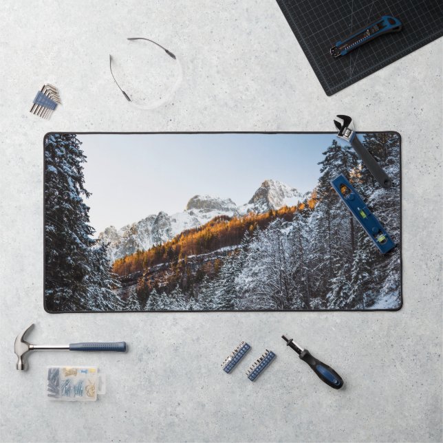 Autumn and winter river, forest and mountains desk mat (Workstation)