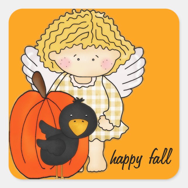 Autumn Angel with Pumpkin & Crow - Happy Fall Square Sticker (Front)