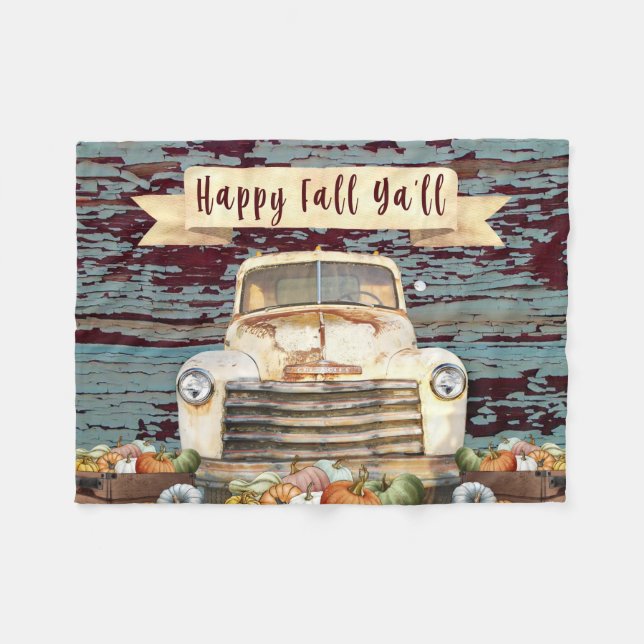 Autumn Antique Rustic Truck & Fall Pumpkins Fleece Blanket (Front (Horizontal))