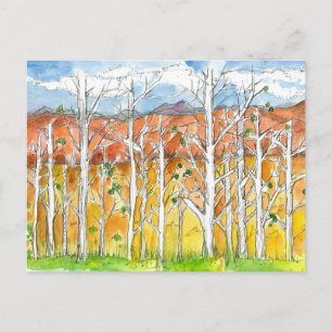 Autumn Aspen Trees Drawing Watercolor Postcard
