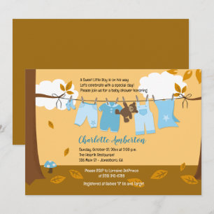 Autumn Baby Clothesline Blue BOY 5x7 Baby Shower Invitation