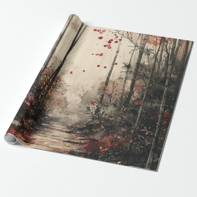 Autumn Bamboo Path Ink Wash Wrapping Paper (Unrolled)