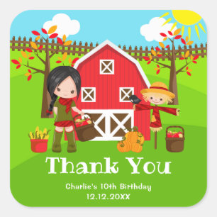 Autumn Barnyard Birthday Black Hair Girl Thank You Square Sticker