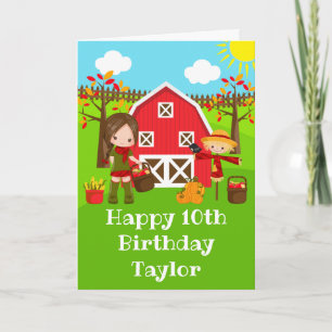 Autumn Barnyard Brown Hair Girl Happy Birthday Card