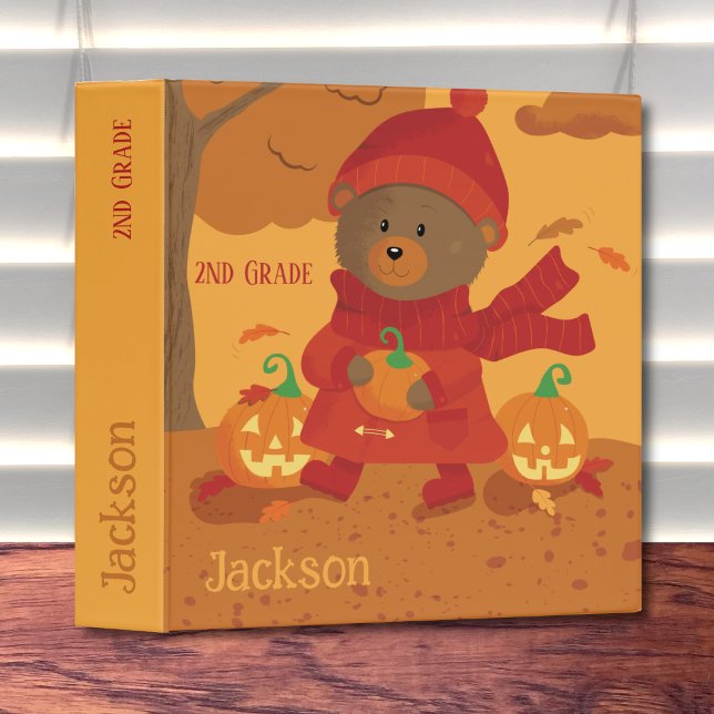 Autumn Bear Kid School Binder with Name (Cute kid school binder with a fall theme . )