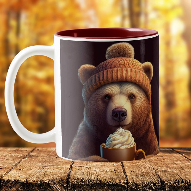 Autumn Bear Thanksgiving Pumpkin Spice Hot Cocoa Two-Tone Coffee Mug (Cozy Autumn Aesthetic Hot cocoa Bear Mug Woolly Hat Bear with Coffee Mug Bear Lover Gift Autumnal )