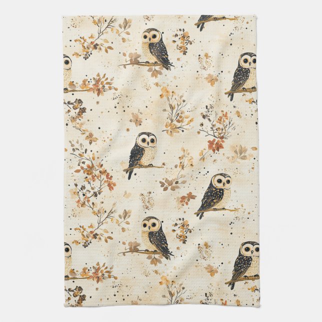 Autumn Beige Owl Botanical Forest Pattern Kitchen Towel (Vertical)