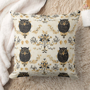 Autumn Beige Owl Botanical Forest Pattern Throw Pillow