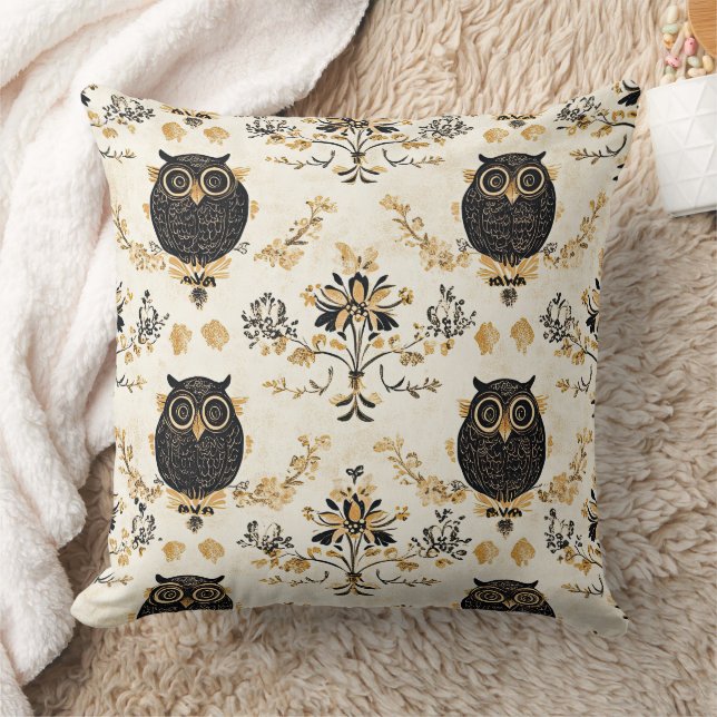 Autumn Beige Owl Botanical Forest Pattern Throw Pillow (Blanket)
