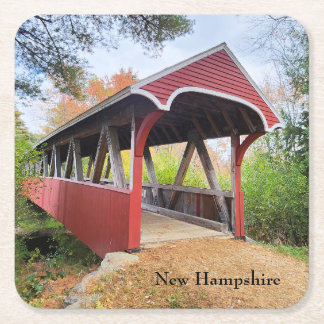 Autumn Belmont covered bridge NH Square Paper Coaster