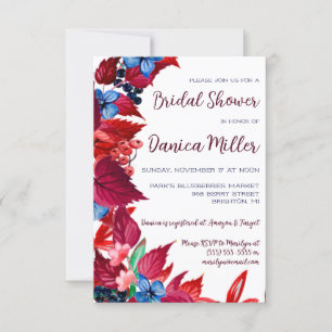 Autumn Berries & Leaves, Red & Blue Bridal Shower Invitation