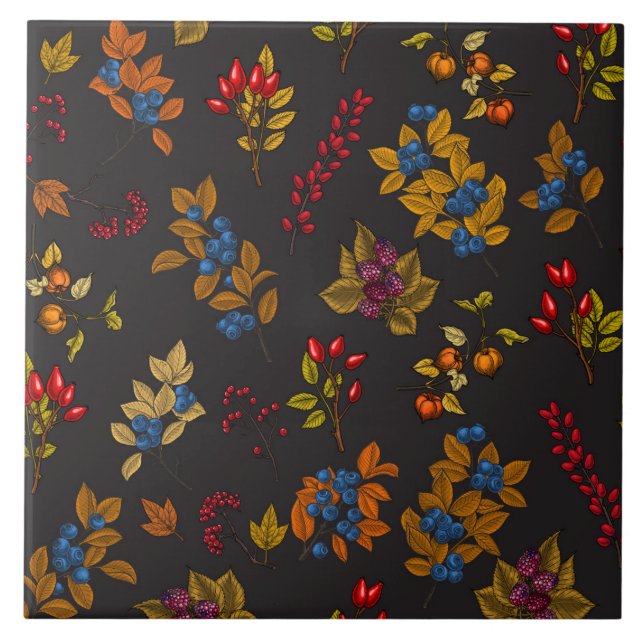 Autumn berries on chocolate brown 2 tile (Front)