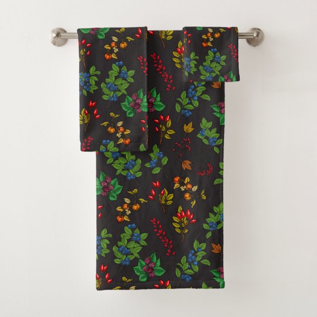 Autumn berries on chocolate brown bath towel set (Insitu)