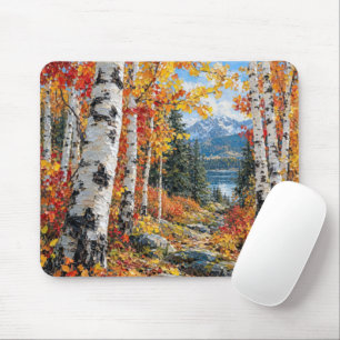 Autumn Birch Tree Forest with Mountain Lake Mouse Pad