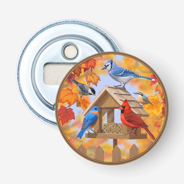 Autumn Bird Feeder Gathering Bottle Opener (Front)