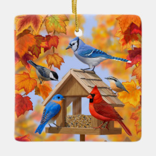 Autumn Bird Feeder Gathering Ceramic Ornament