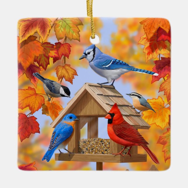 Autumn Bird Feeder Gathering Ceramic Ornament (Front)
