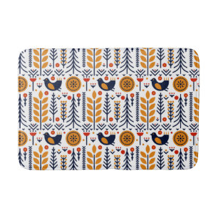 Autumn Bird Folk Art Pattern Bath Mat