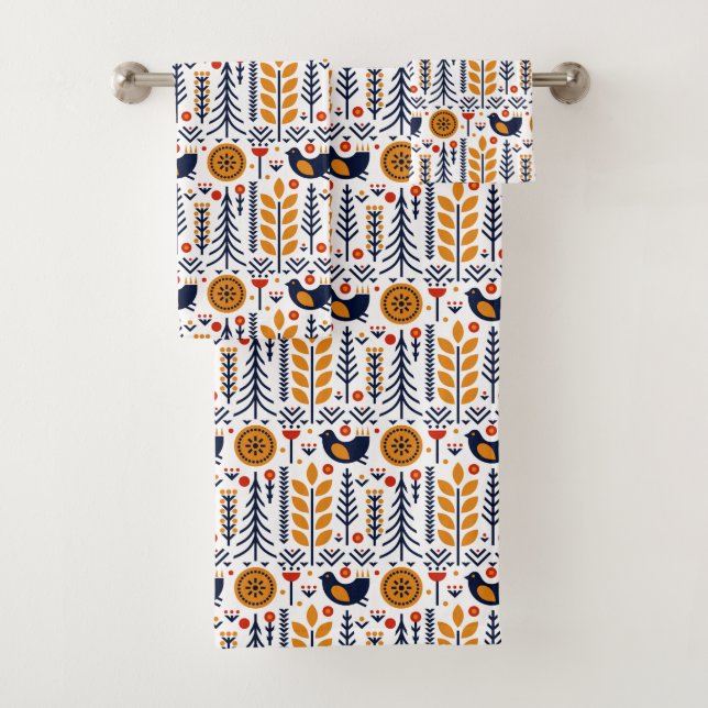 Autumn Bird Folk Art Pattern Bath Towel Set (Insitu)