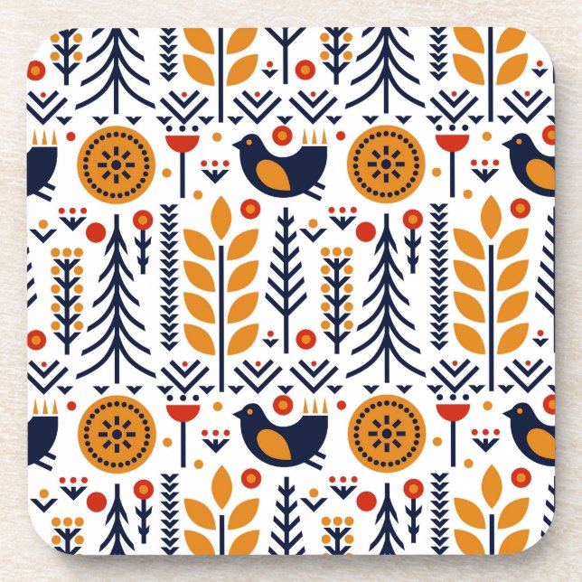 Autumn Bird Folk Art Pattern Coaster (Front)