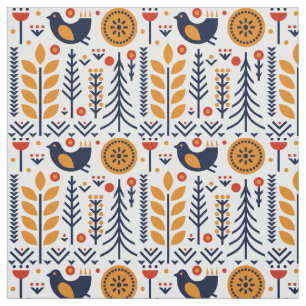 Autumn Bird Folk Art Pattern Fabric