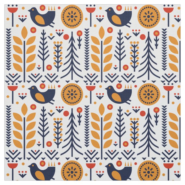 Autumn Bird Folk Art Pattern Fabric (Swatch)