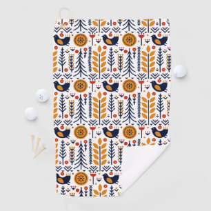 Autumn Bird Folk Art Pattern Golf Towel