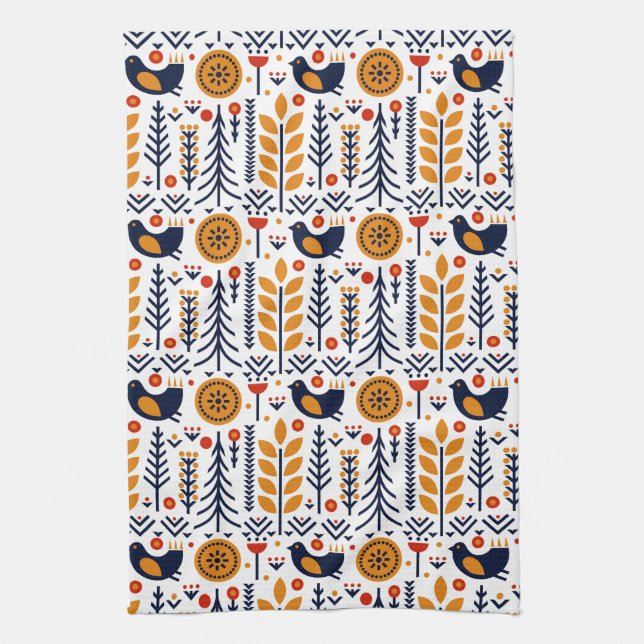 Autumn Bird Folk Art Pattern Kitchen Towel (Vertical)