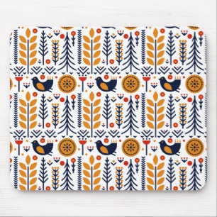 Autumn Bird Folk Art Pattern Mouse Pad