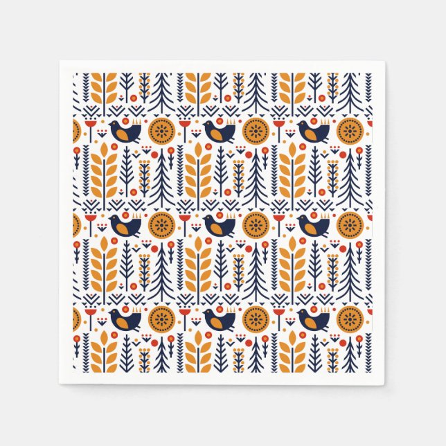 Autumn Bird Folk Art Pattern Napkin (Front)