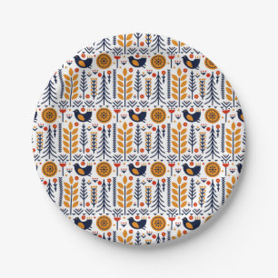 Autumn Bird Folk Art Pattern Paper Plate