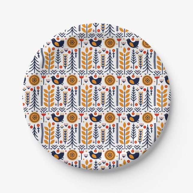 Autumn Bird Folk Art Pattern Paper Plate (Front)