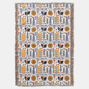 Autumn Bird Folk Art Pattern Throw Blanket