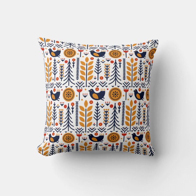 Autumn Bird Folk Art Pattern Throw Pillow (Front)