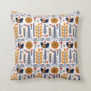 Autumn Bird Folk Art Pattern Throw Pillow