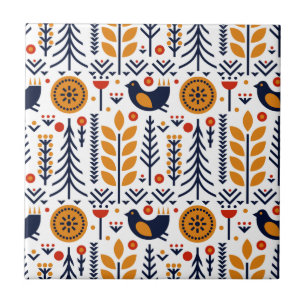 Autumn Bird Folk Art Pattern Tile
