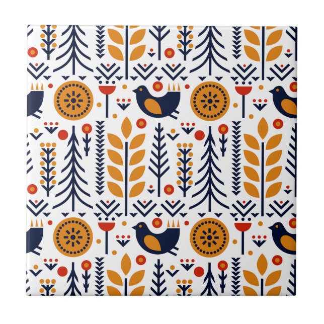 Autumn Bird Folk Art Pattern Tile (Front)