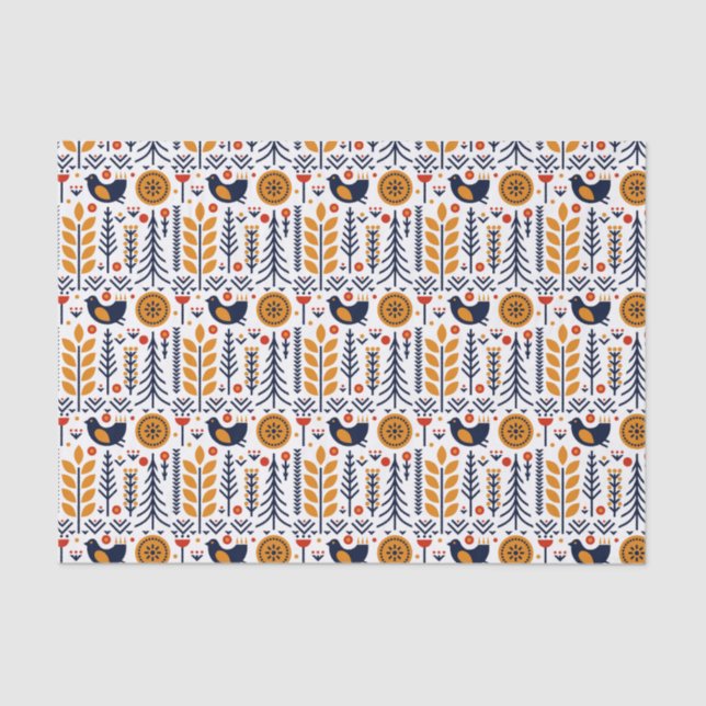 Autumn Bird Folk Art Pattern Tissue Paper (Front)