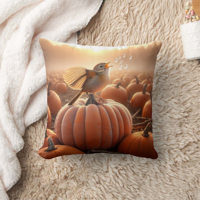 Autumn Bird Singing On a Pumpkin Throw Pillow (Blanket)