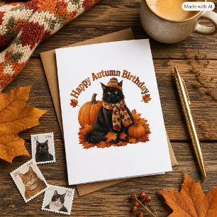 Autumn Birthday Black Cat in Cozy Card