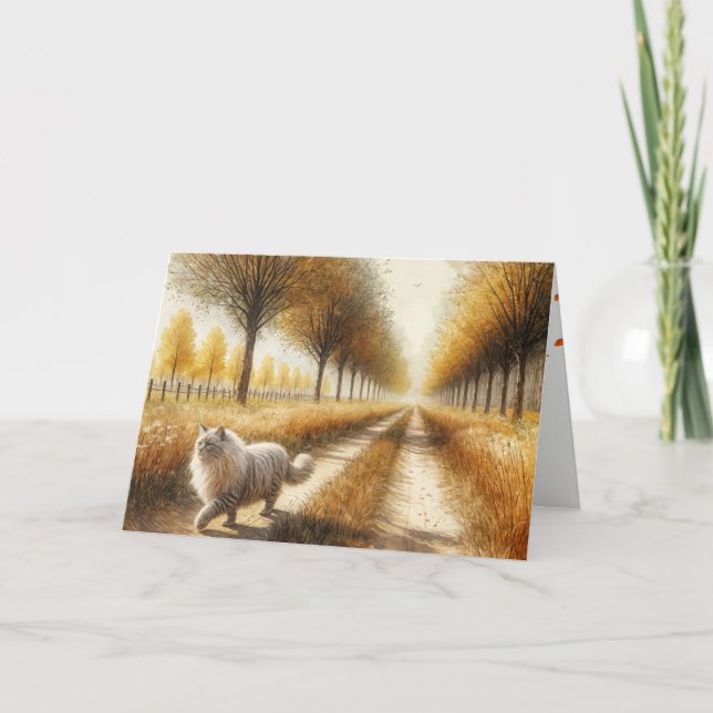 Autumn Birthday Cat Walking Down Dirt Road Card (Front)