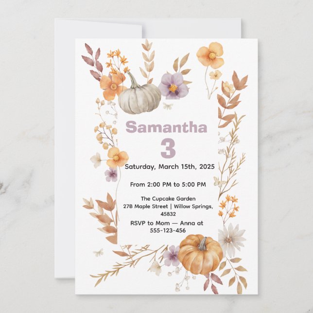 Autumn Birthday Invitation, Fall Pumpkin Party  Invitation (Front)