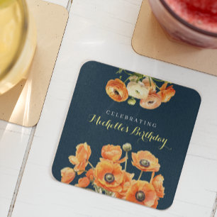 Autumn Birthday Party Fall Fete Orange Blossom Square Paper Coaster