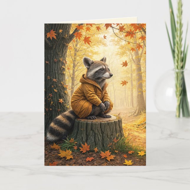 Autumn Birthday Raccoon On Tree Stump Card (Front)
