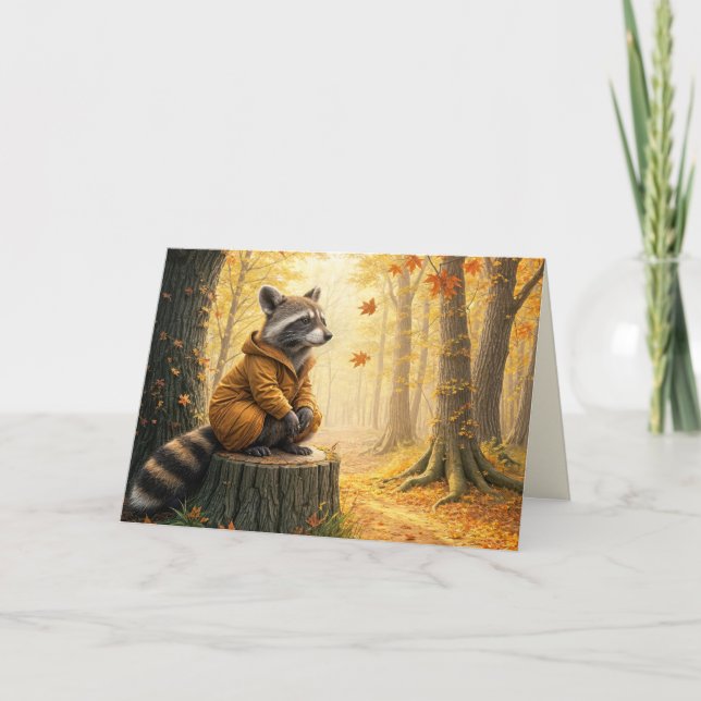 Autumn Birthday Raccoon On Tree Stump Card (Front)