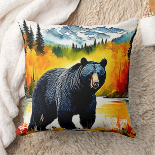 Autumn Black Bear River Design Throw Pillow